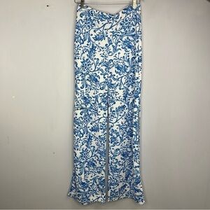 Missguided Size 10 Pull On Wide Leg Flare White Blue Floral Pants UU15